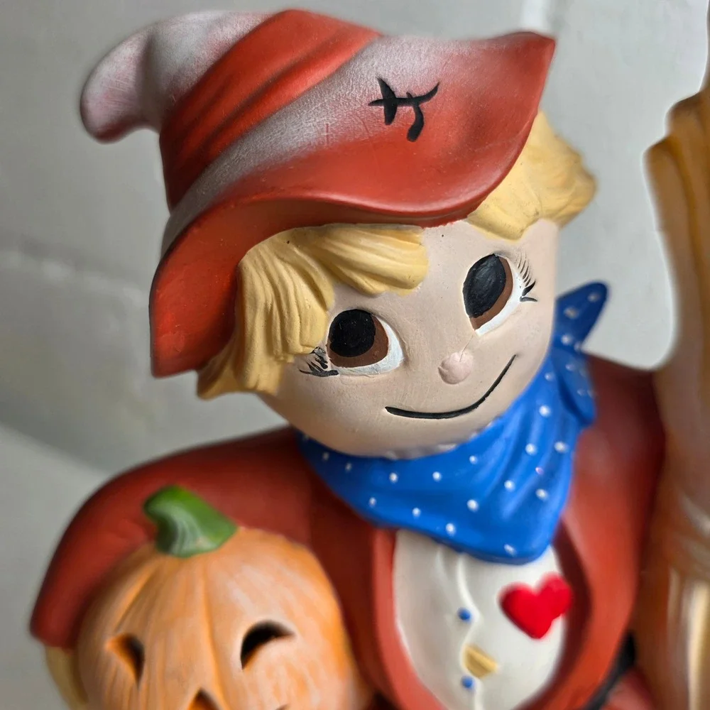 Vintage Ceramic Scarecrow Figurine Fall Harvest Halloween Decor Jack-O-Lantern